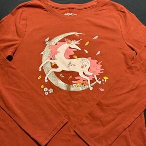 Cat & Jack Girls Rust Orange Unicorn Glitter Long Sleeve Graphic Tee L 10/12